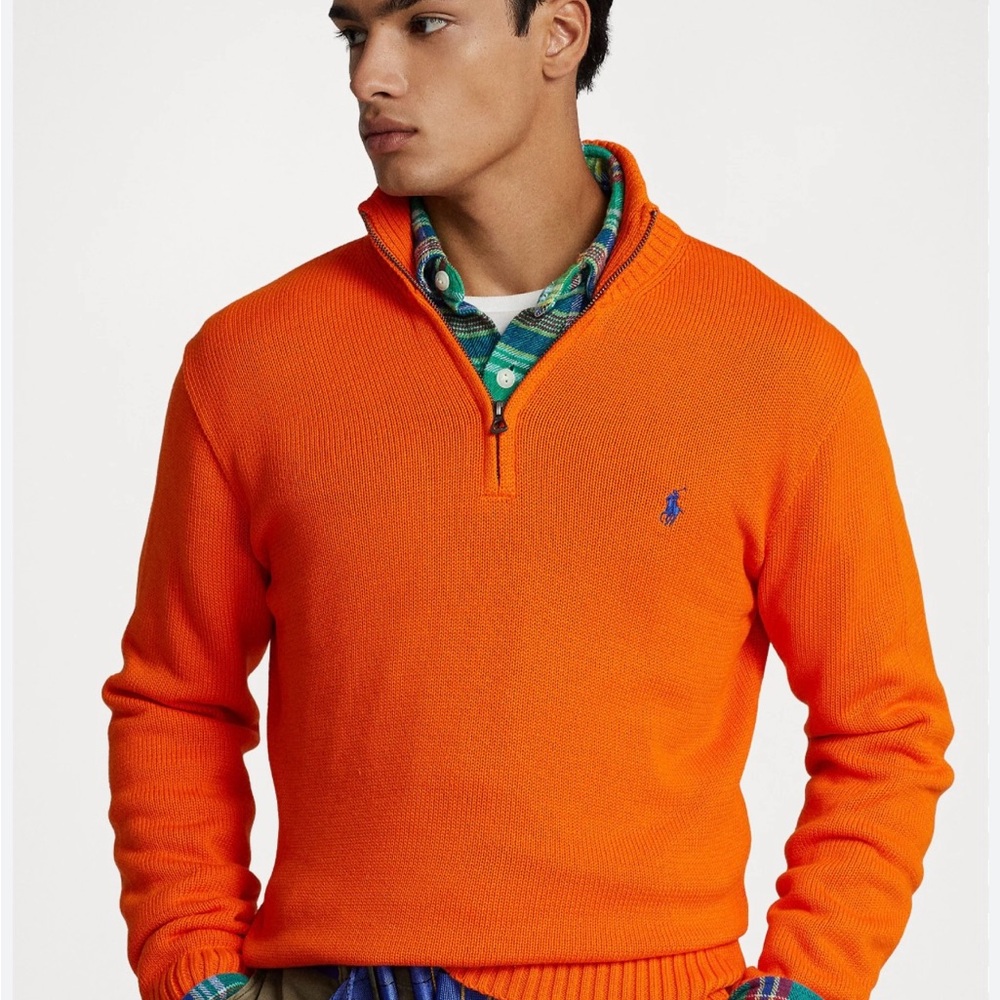 Ralph Lauren Men's Vibrant Orange Quarter Zip-Up Sweater